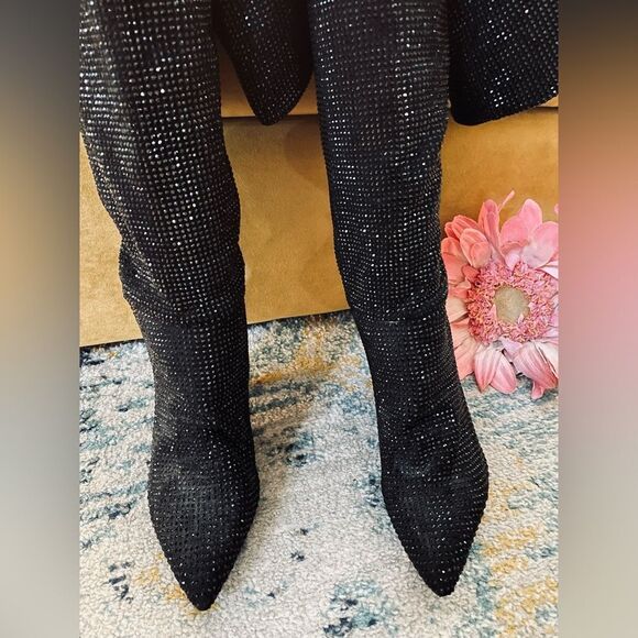 Black Rhinestone Over The Knee Thigh High Pull On Boots Triangle Heel 10 - Picture 3 of 13